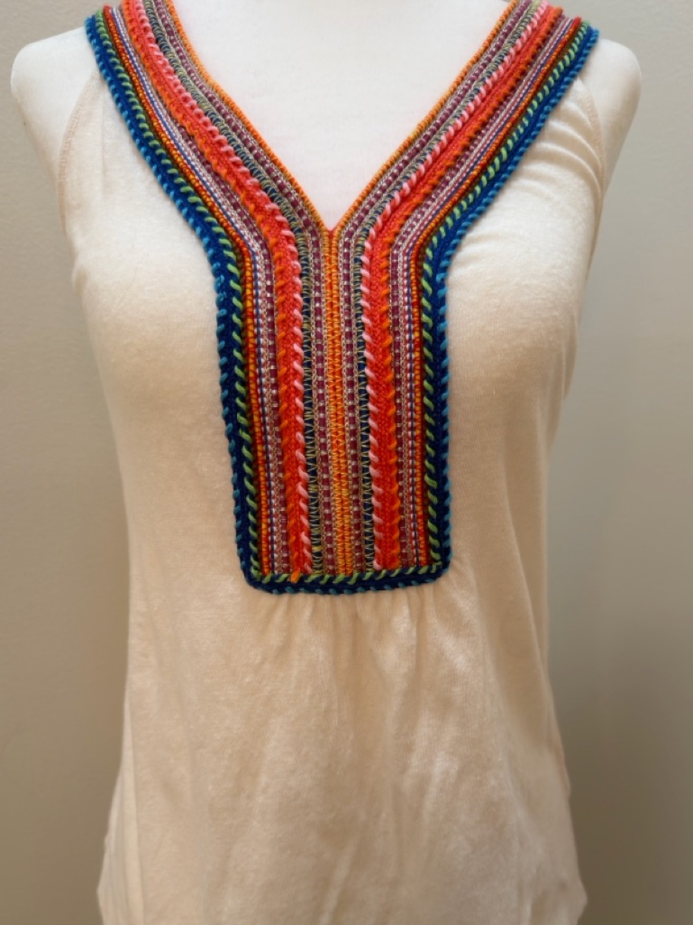 Cream Sleeveless Tank with Multicolor Embroidered V-Neck